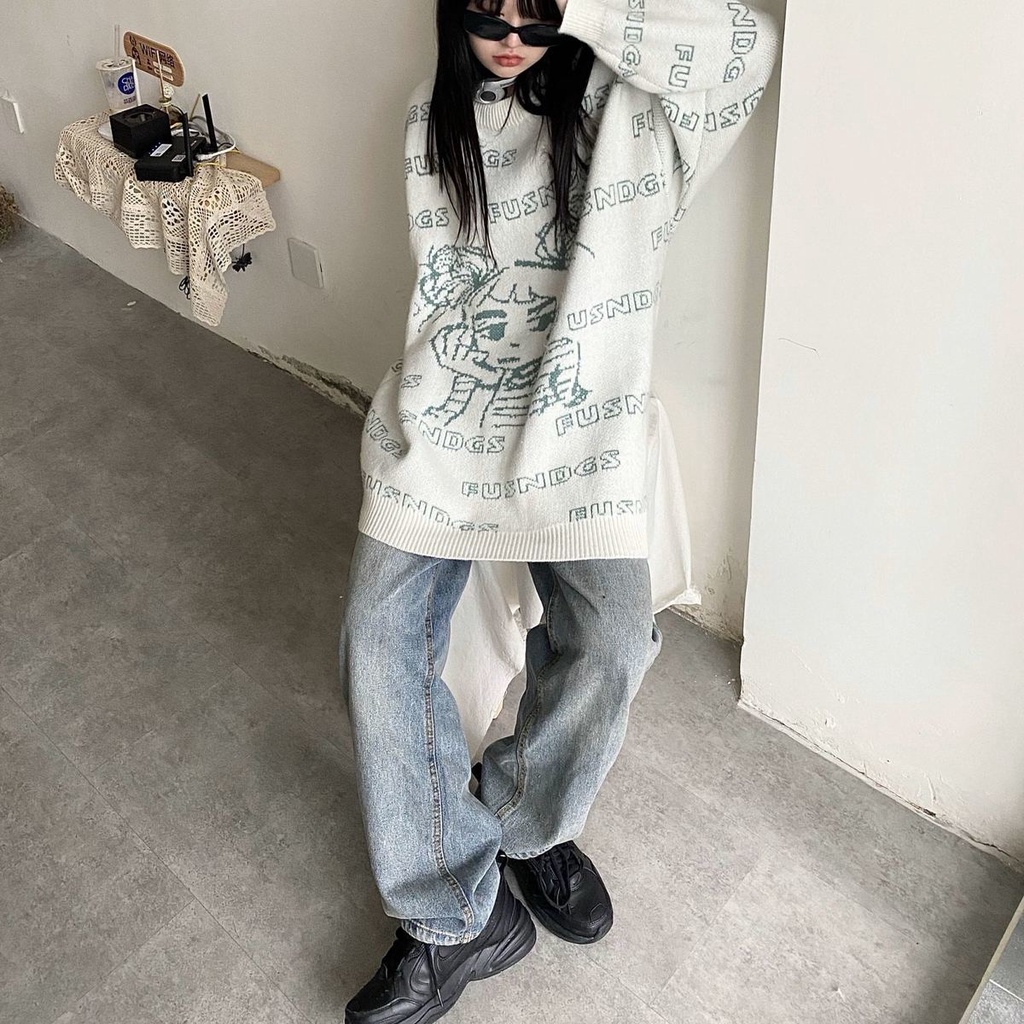 Jiashucheng Áo Sweater Dày Dặn Cổ Tròn Dáng Rộng In Chữ Hoạt Hình Thời Trang Thu Đông Cho Nữ