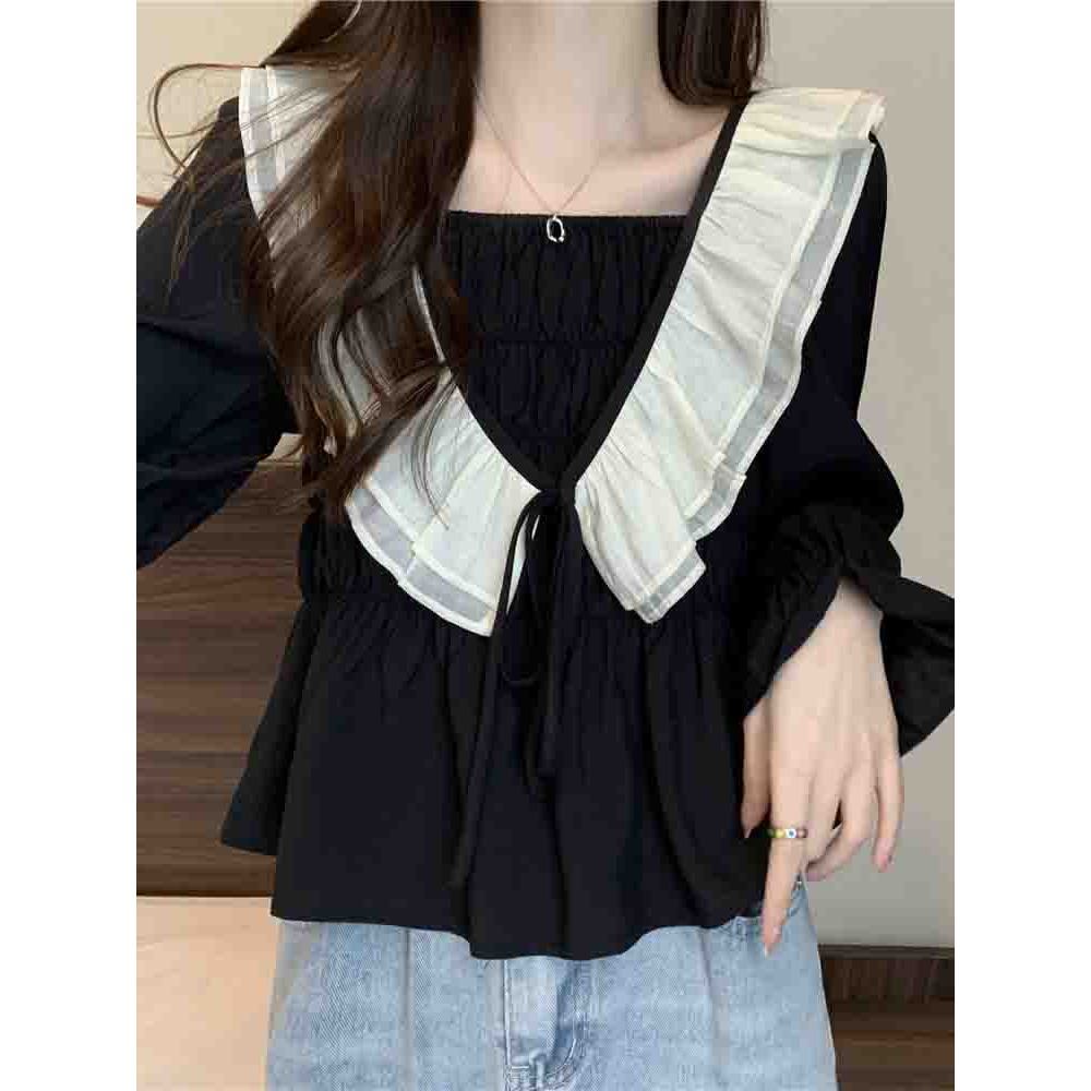 Jiashucheng Áo Sơ Mi Tay Dài Cổ Vuông Cỡ Lớn Phối Bèo Kiểu Pháp Thời Trang Mùa Thu Cho Nữ