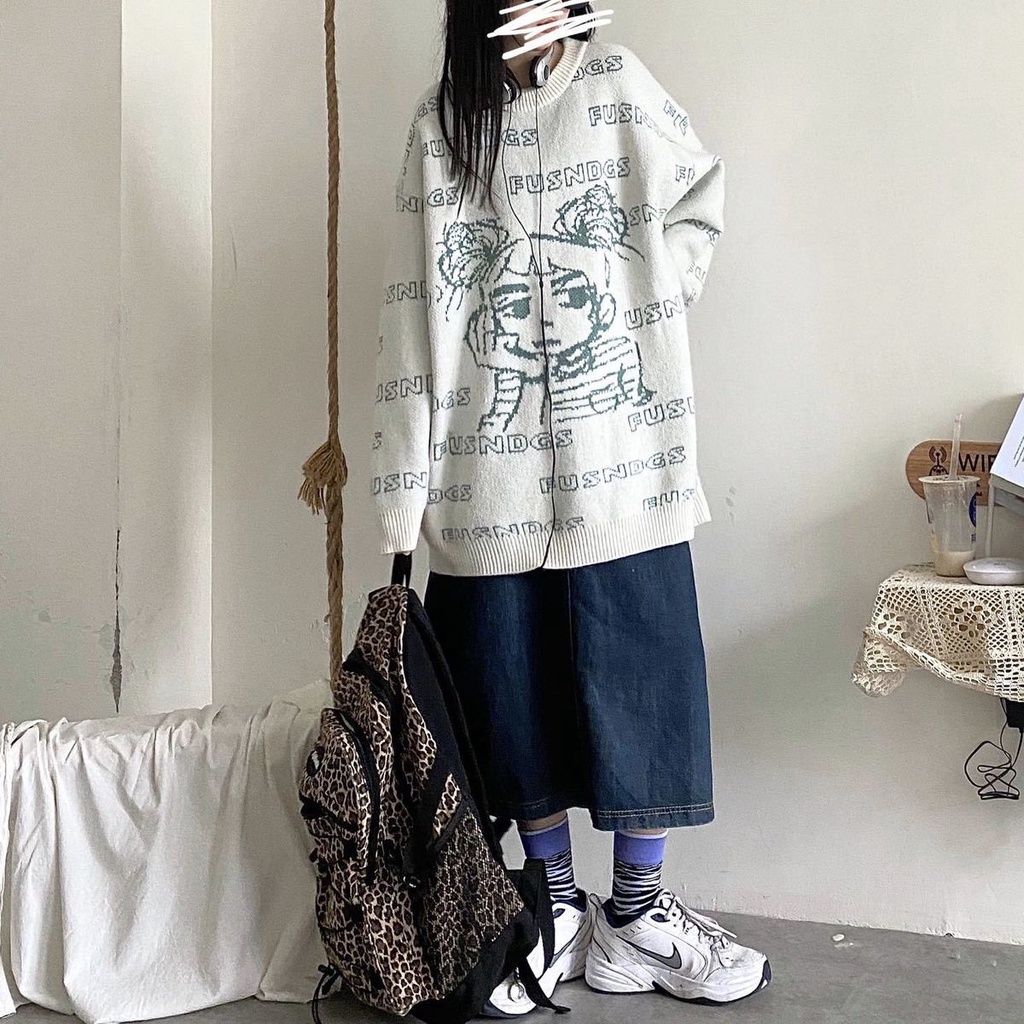 Jiashucheng Áo Sweater Dày Dặn Cổ Tròn Dáng Rộng In Chữ Hoạt Hình Thời Trang Thu Đông Cho Nữ