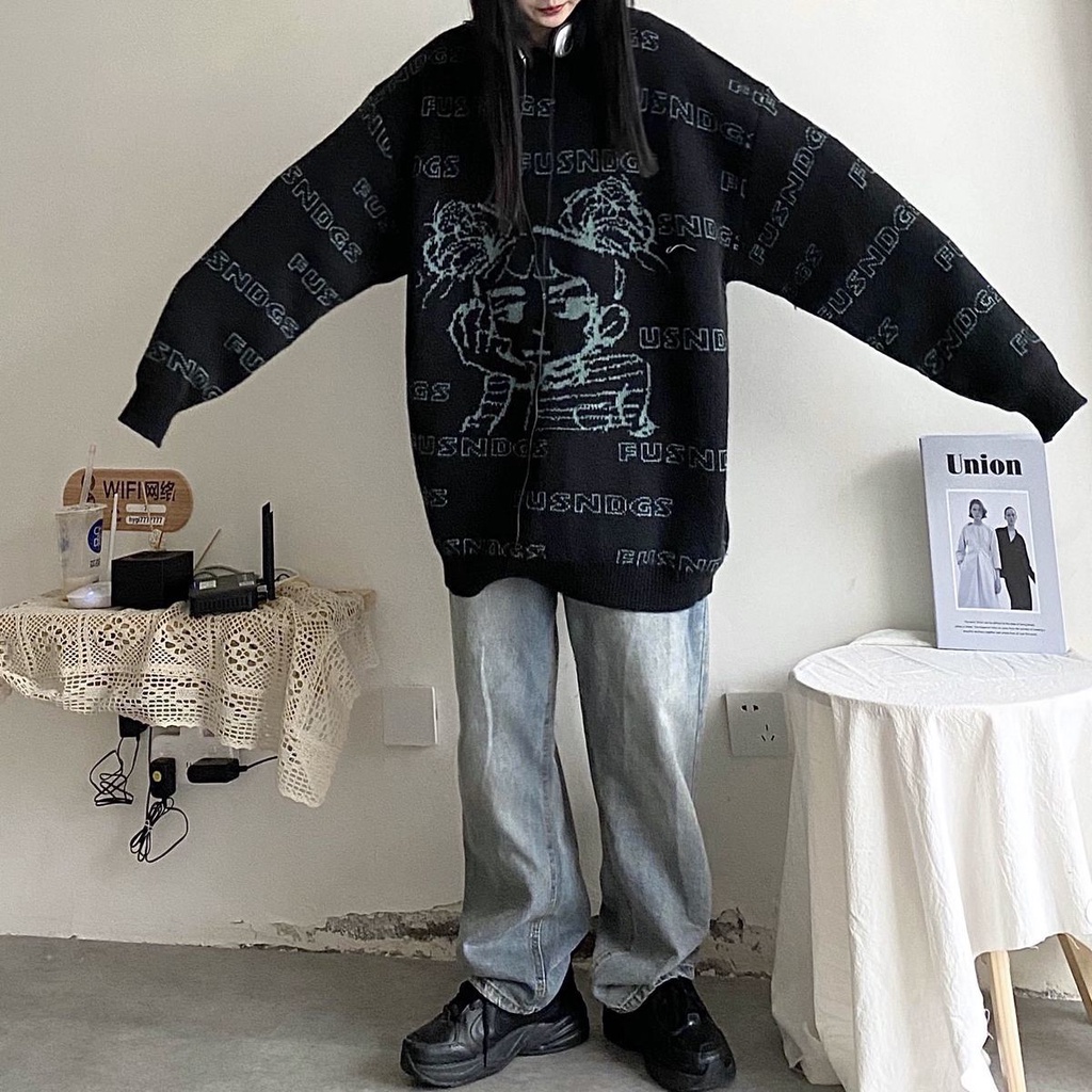 Jiashucheng Áo Sweater Dày Dặn Cổ Tròn Dáng Rộng In Chữ Hoạt Hình Thời Trang Thu Đông Cho Nữ