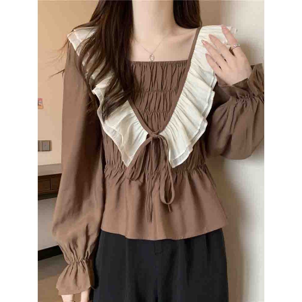 Jiashucheng Áo Sơ Mi Tay Dài Cổ Vuông Cỡ Lớn Phối Bèo Kiểu Pháp Thời Trang Mùa Thu Cho Nữ