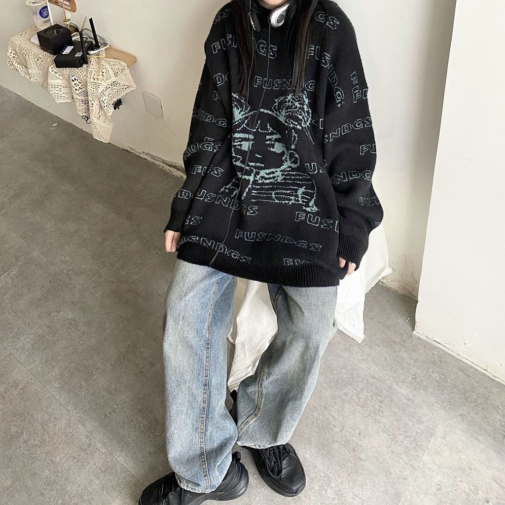 Jiashucheng Áo Sweater Dày Dặn Cổ Tròn Dáng Rộng In Chữ Hoạt Hình Thời Trang Thu Đông Cho Nữ