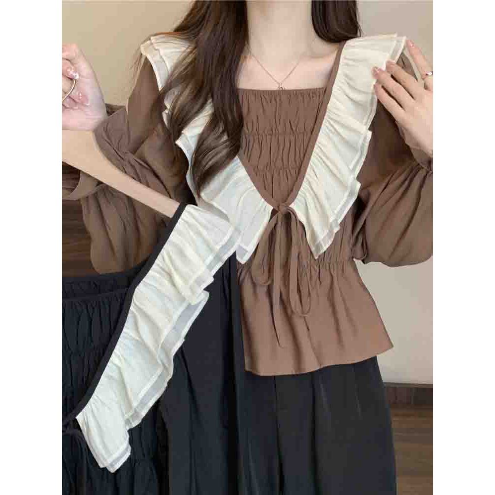 Jiashucheng Áo Sơ Mi Tay Dài Cổ Vuông Cỡ Lớn Phối Bèo Kiểu Pháp Thời Trang Mùa Thu Cho Nữ