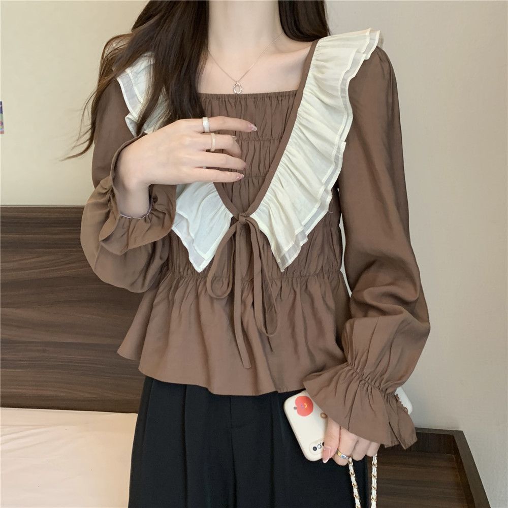 Jiashucheng Áo Sơ Mi Tay Dài Cổ Vuông Cỡ Lớn Phối Bèo Kiểu Pháp Thời Trang Mùa Thu Cho Nữ