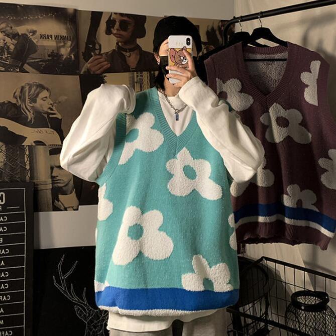 Set Áo Thun Dài Tay Cổ Chữ V + Áo Khoác Ghi Lê Họa Tiết Hoa Thời Trang Hàn Quốc Mới Cho Nữ