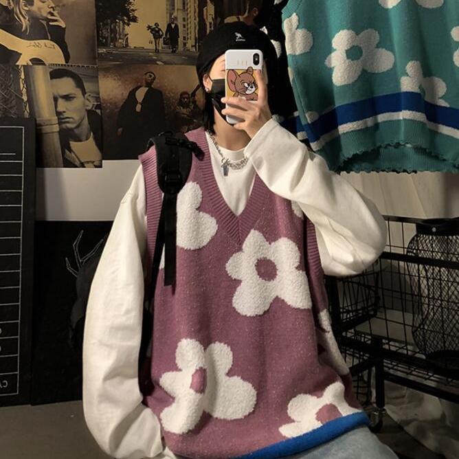 Set Áo Thun Dài Tay Cổ Chữ V + Áo Khoác Ghi Lê Họa Tiết Hoa Thời Trang Hàn Quốc Mới Cho Nữ