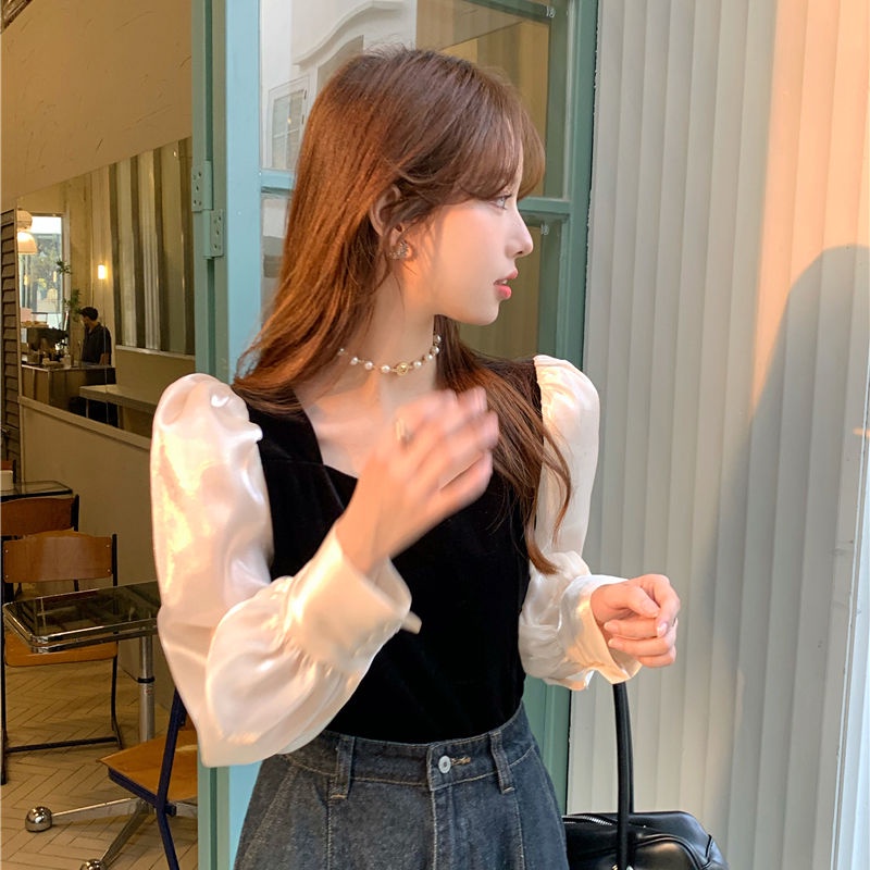 Jiashucheng Áo Kiểu Tay Phồng Cổ Vuông Khâu Bên Ngoài Thời Trang Mùa Xuân Phong Cách Pháp Dành Cho Nữ