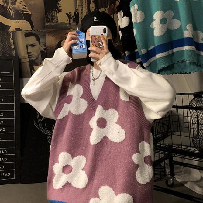 Set Áo Thun Dài Tay Cổ Chữ V + Áo Khoác Ghi Lê Họa Tiết Hoa Thời Trang Hàn Quốc Mới Cho Nữ