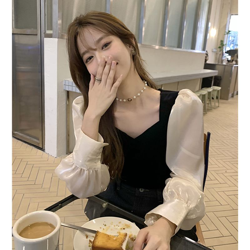 Jiashucheng Áo Kiểu Tay Phồng Cổ Vuông Khâu Bên Ngoài Thời Trang Mùa Xuân Phong Cách Pháp Dành Cho Nữ