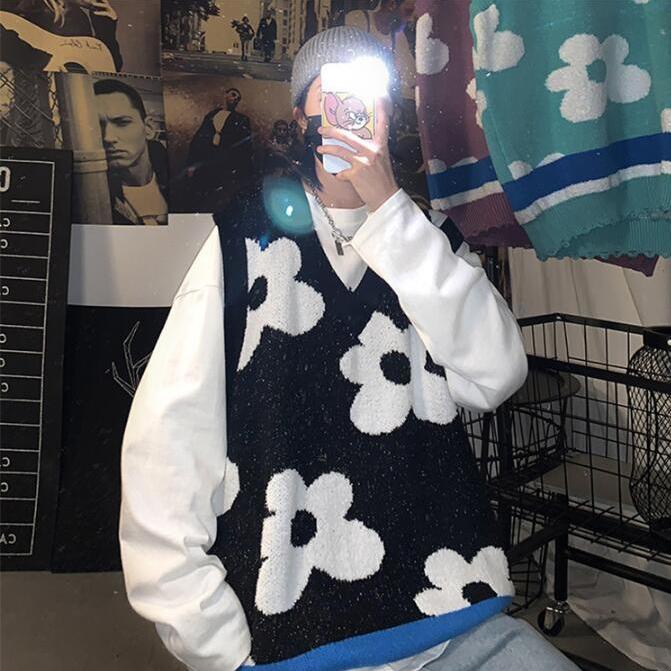 Set Áo Thun Dài Tay Cổ Chữ V + Áo Khoác Ghi Lê Họa Tiết Hoa Thời Trang Hàn Quốc Mới Cho Nữ