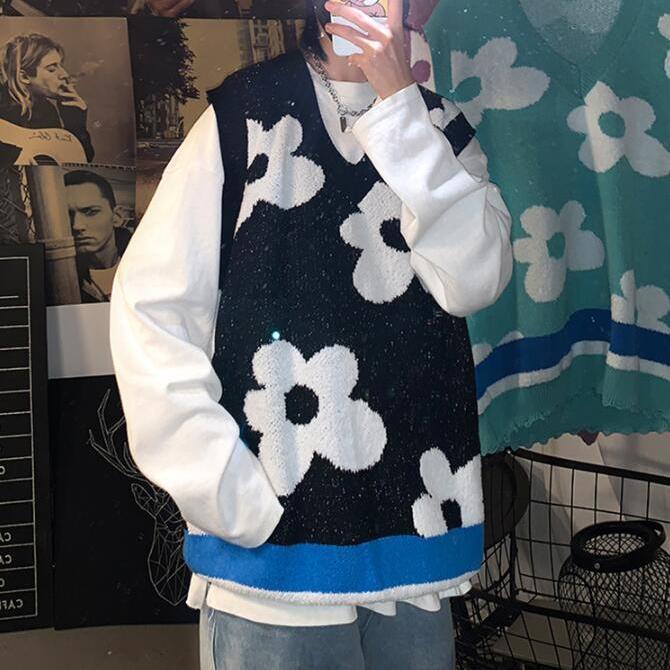 Set Áo Thun Dài Tay Cổ Chữ V + Áo Khoác Ghi Lê Họa Tiết Hoa Thời Trang Hàn Quốc Mới Cho Nữ