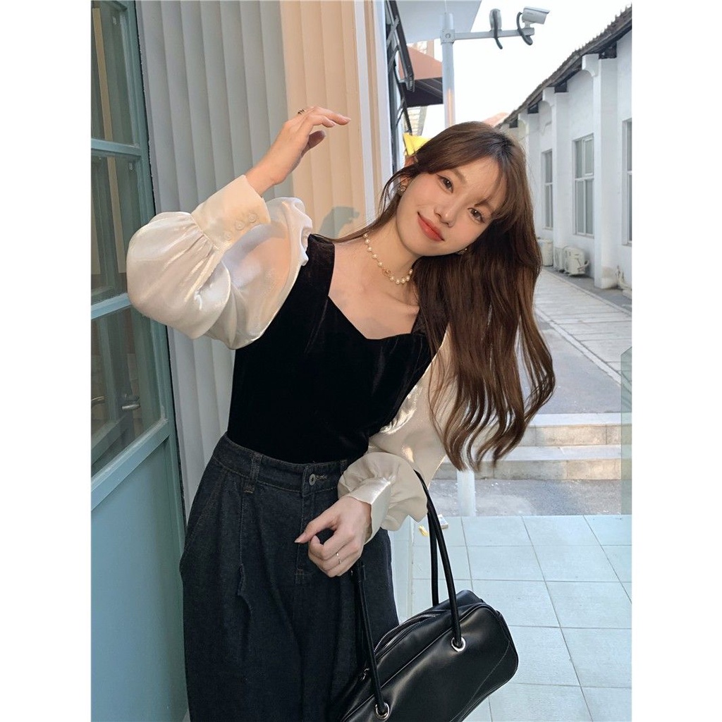 Jiashucheng Áo Kiểu Tay Phồng Cổ Vuông Khâu Bên Ngoài Thời Trang Mùa Xuân Phong Cách Pháp Dành Cho Nữ