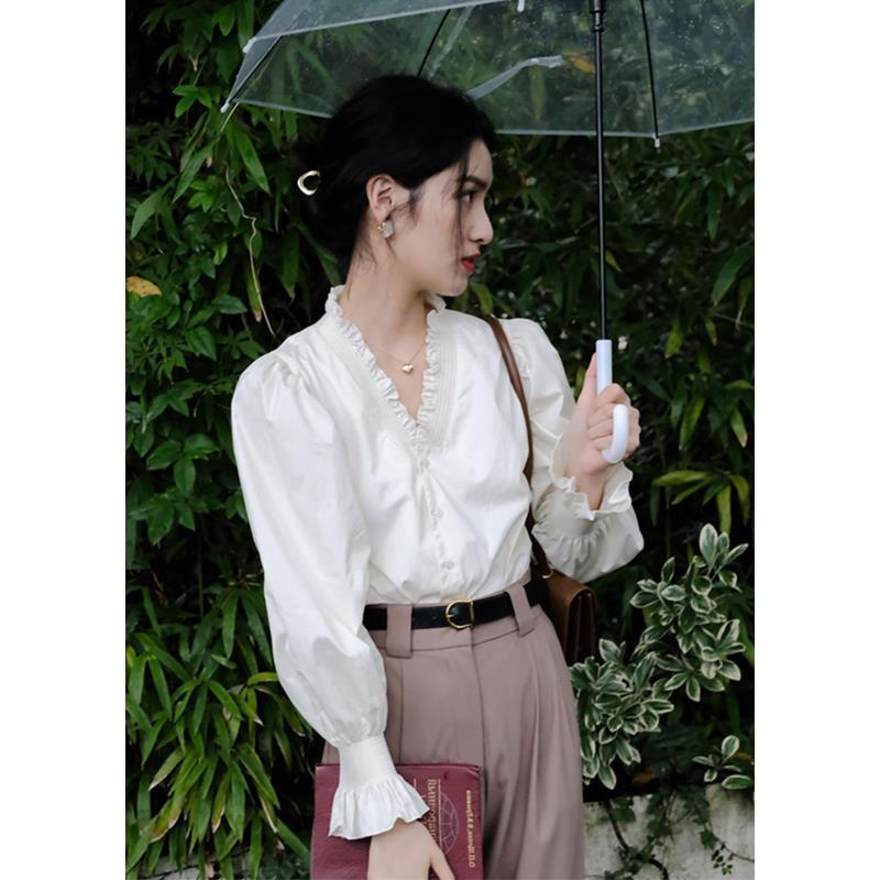 Jiashucheng Áo Sơ Mi Tay Dài Phồng Phong Cách Retro Pháp Thời Trang Mùa Thu Dành Cho Nữ