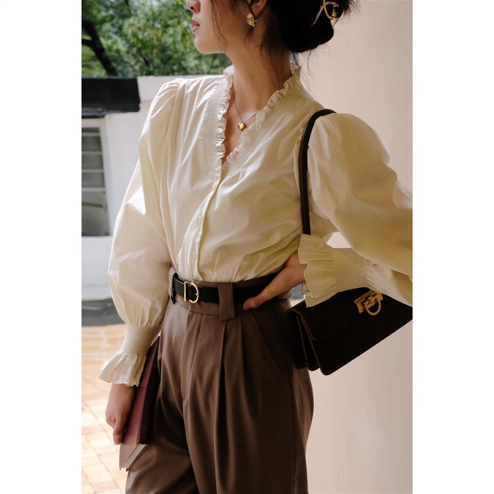 Jiashucheng Áo Sơ Mi Tay Dài Phồng Phong Cách Retro Pháp Thời Trang Mùa Thu Dành Cho Nữ