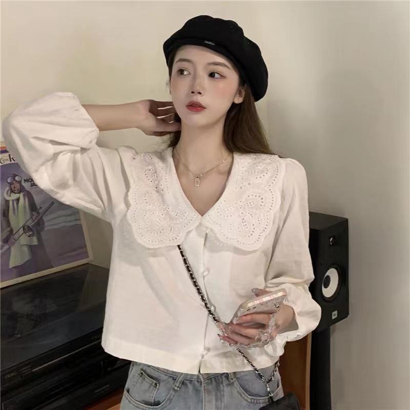 Jiashucheng Áo Sơ Mi Ngắn Tay Dài Cổ Búp Bê Phối Ren Phong Cách Pháp Thời Trang Mùa Hè Mới