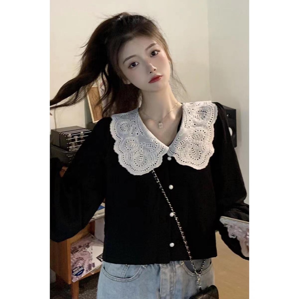 Jiashucheng Áo Sơ Mi Ngắn Tay Dài Cổ Búp Bê Phối Ren Phong Cách Pháp Thời Trang Mùa Hè Mới