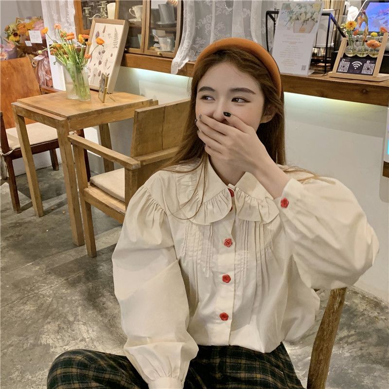 Jiashucheng Áo Sơ Mi Tay Phồng Cổ Búp Bê Họa Tiết Hoa Phong Cách Hàn Quốc Ngọt Ngào Thời Trang Mùa Xuân