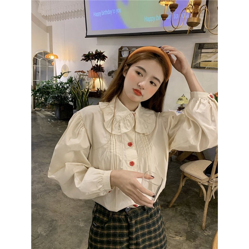 Jiashucheng Áo Sơ Mi Tay Phồng Cổ Búp Bê Họa Tiết Hoa Phong Cách Hàn Quốc Ngọt Ngào Thời Trang Mùa Xuân