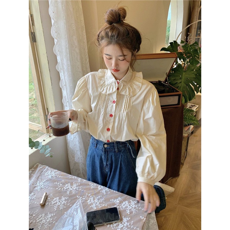 Jiashucheng Áo Sơ Mi Tay Phồng Cổ Búp Bê Họa Tiết Hoa Phong Cách Hàn Quốc Ngọt Ngào Thời Trang Mùa Xuân