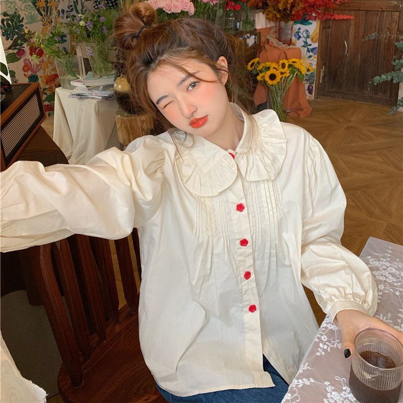 Jiashucheng Áo Sơ Mi Tay Phồng Cổ Búp Bê Họa Tiết Hoa Phong Cách Hàn Quốc Ngọt Ngào Thời Trang Mùa Xuân