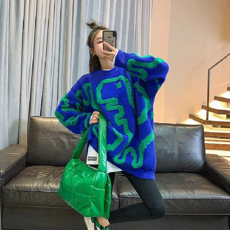 Áo Khoác Sweater Dệt Kim Dáng Dài Màu Xanh Dương Hình Khủng Long Jiashucheng Klein Cho Nữ