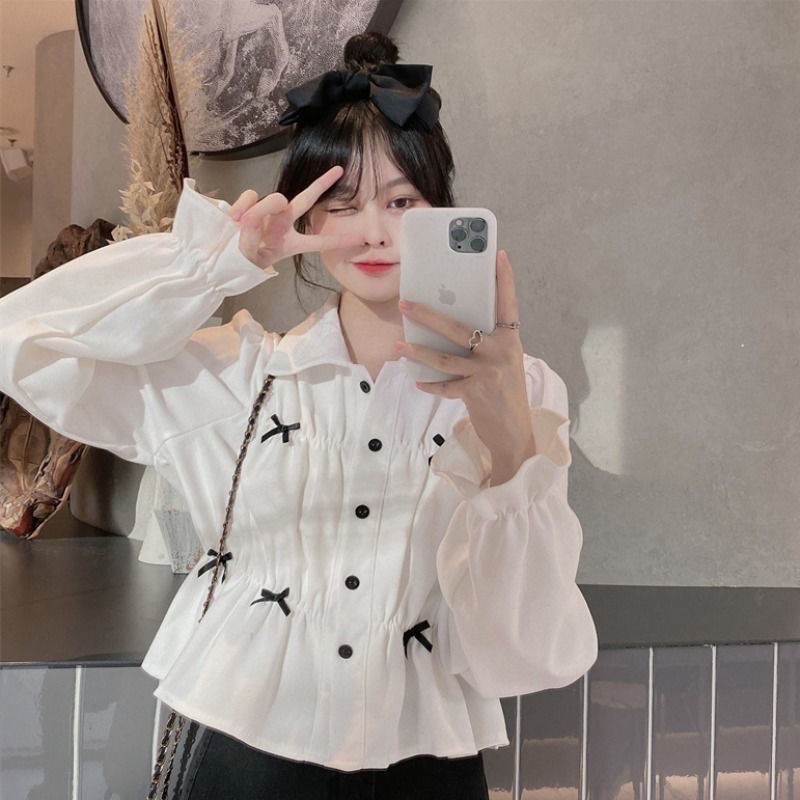 Jiashucheng Áo Sơ Mi Ngắn Tay Phồng Phong Cách Pháp Ngọt Ngào Thời Trang Mùa Thu