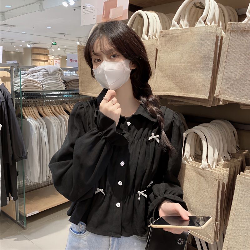 Jiashucheng Áo Sơ Mi Ngắn Tay Phồng Phong Cách Pháp Ngọt Ngào Thời Trang Mùa Thu