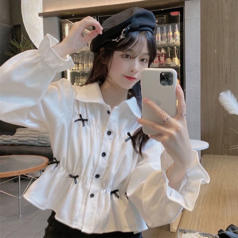 Jiashucheng Áo Sơ Mi Ngắn Tay Phồng Phong Cách Pháp Ngọt Ngào Thời Trang Mùa Thu