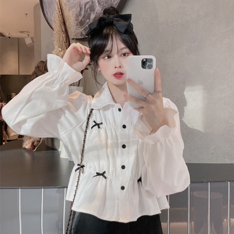 Jiashucheng Áo Sơ Mi Ngắn Tay Phồng Phong Cách Pháp Ngọt Ngào Thời Trang Mùa Thu