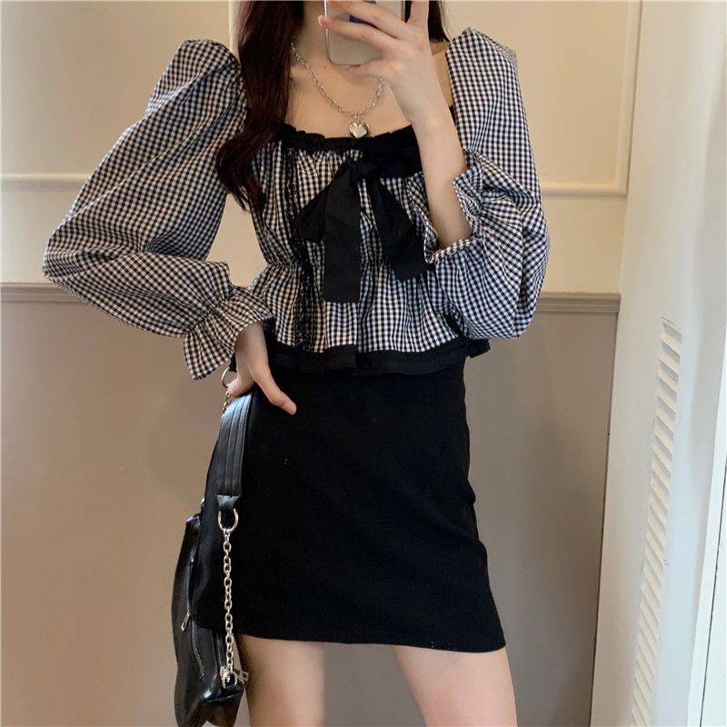 Jiashucheng Áo Kiểu Tay Phồng Dài Cổ Vuông Thắt Nơ Họa Tiết Sọc Caro Thời Trang Mùa Xuân 2023 Mới