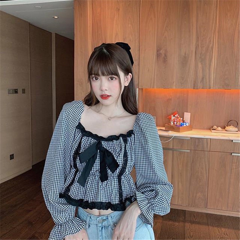Jiashucheng Áo Kiểu Tay Phồng Dài Cổ Vuông Thắt Nơ Họa Tiết Sọc Caro Thời Trang Mùa Xuân 2023 Mới