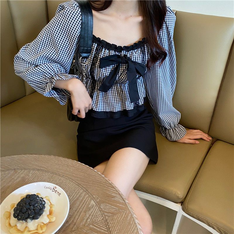 Jiashucheng Áo Kiểu Tay Phồng Dài Cổ Vuông Thắt Nơ Họa Tiết Sọc Caro Thời Trang Mùa Xuân 2023 Mới