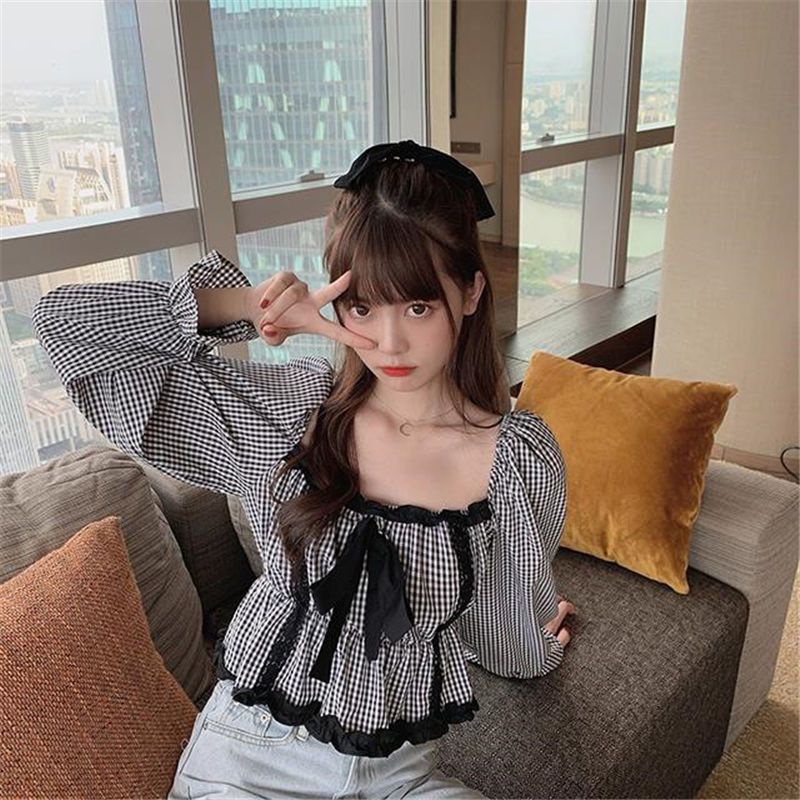 Jiashucheng Áo Kiểu Tay Phồng Dài Cổ Vuông Thắt Nơ Họa Tiết Sọc Caro Thời Trang Mùa Xuân 2023 Mới