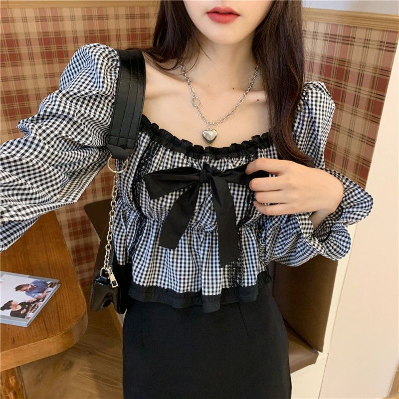 Jiashucheng Áo Kiểu Tay Phồng Dài Cổ Vuông Thắt Nơ Họa Tiết Sọc Caro Thời Trang Mùa Xuân 2023 Mới