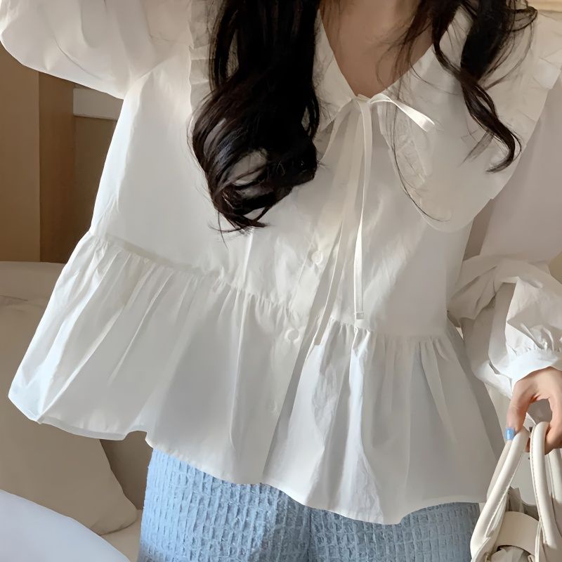 Jiashucheng Áo Sơ Mi Dài Tay Thắt Nơ Viền Cổ Búp Bê Phong Cách Pháp Sang Trọng Mùa Xuân Dành Cho Nữ