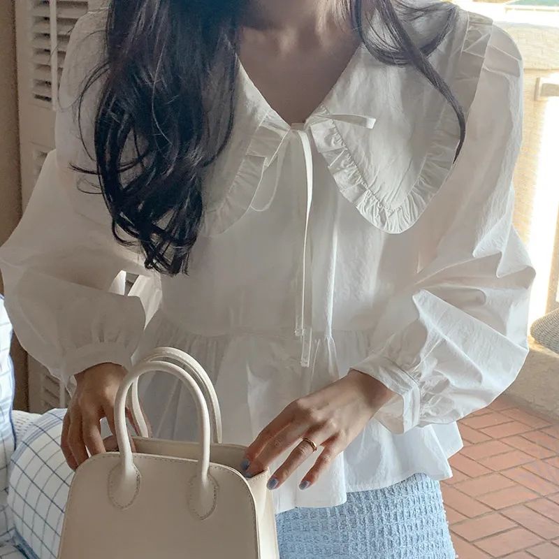 Jiashucheng Áo Sơ Mi Dài Tay Thắt Nơ Viền Cổ Búp Bê Phong Cách Pháp Sang Trọng Mùa Xuân Dành Cho Nữ