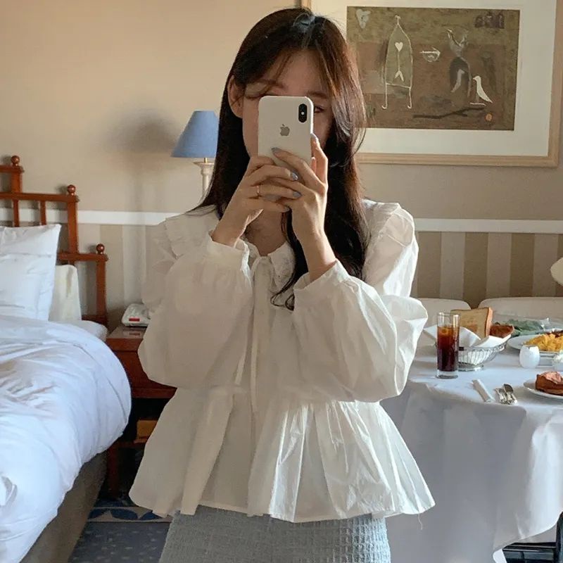 Jiashucheng Áo Sơ Mi Dài Tay Thắt Nơ Viền Cổ Búp Bê Phong Cách Pháp Sang Trọng Mùa Xuân Dành Cho Nữ