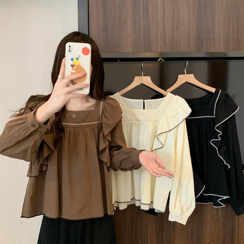 Jiashucheng Áo Tay Phồng Dài Phối Bèo Phong Cách Pháp Cỡ Lớn Thời Trang Mùa Thu Cho Nữ