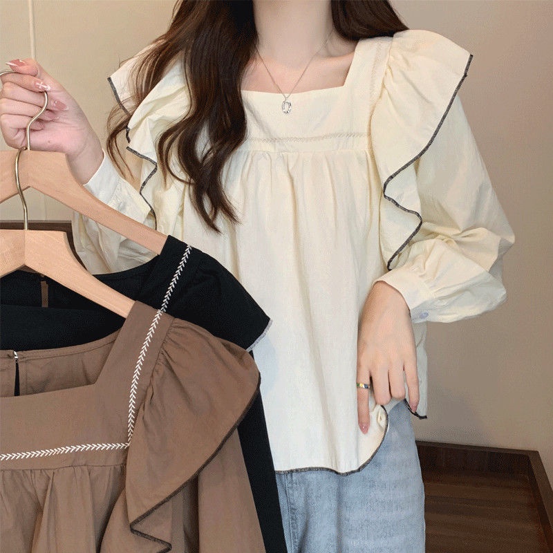 Jiashucheng Áo Tay Phồng Dài Phối Bèo Phong Cách Pháp Cỡ Lớn Thời Trang Mùa Thu Cho Nữ