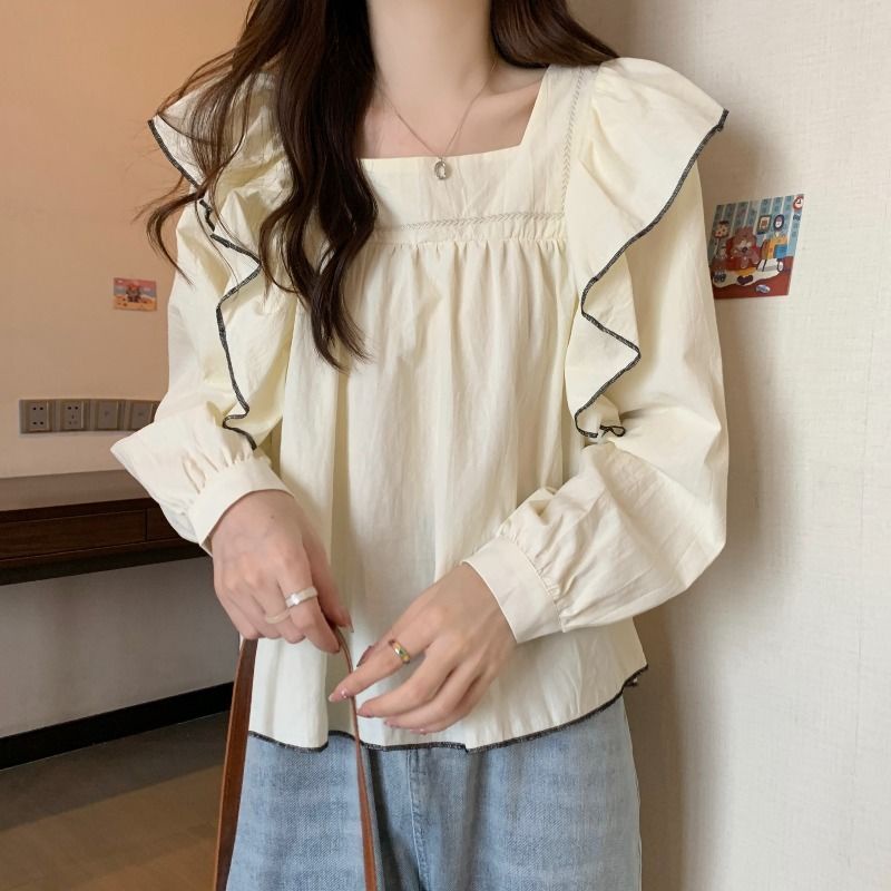 Jiashucheng Áo Tay Phồng Dài Phối Bèo Phong Cách Pháp Cỡ Lớn Thời Trang Mùa Thu Cho Nữ