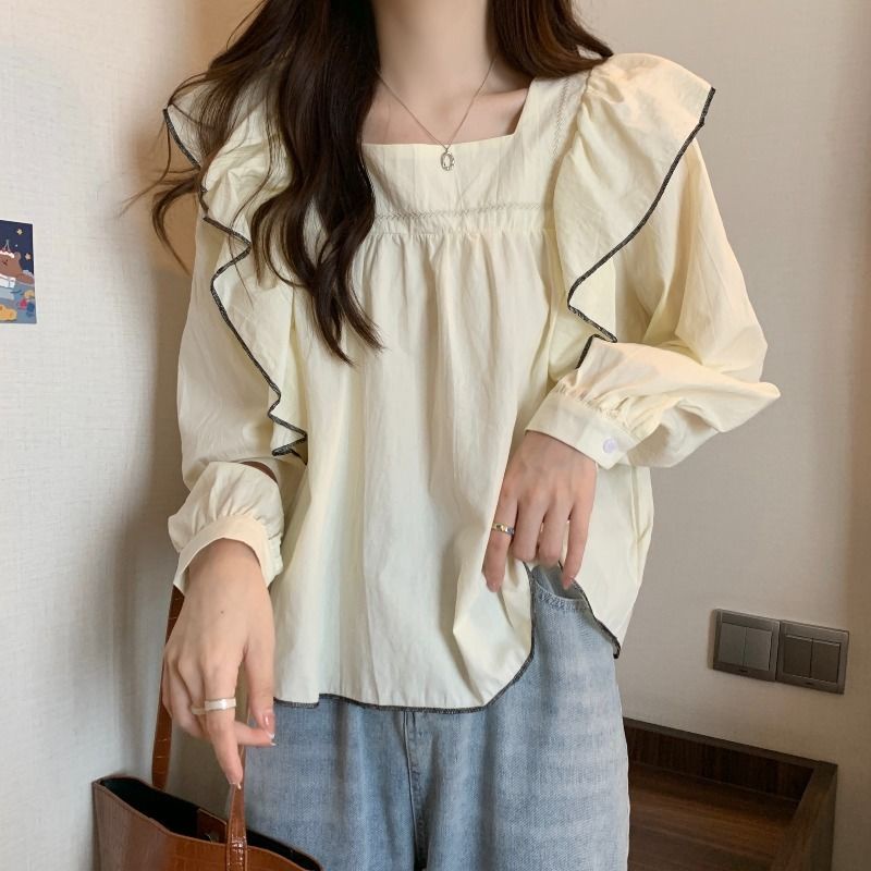 Jiashucheng Áo Tay Phồng Dài Phối Bèo Phong Cách Pháp Cỡ Lớn Thời Trang Mùa Thu Cho Nữ