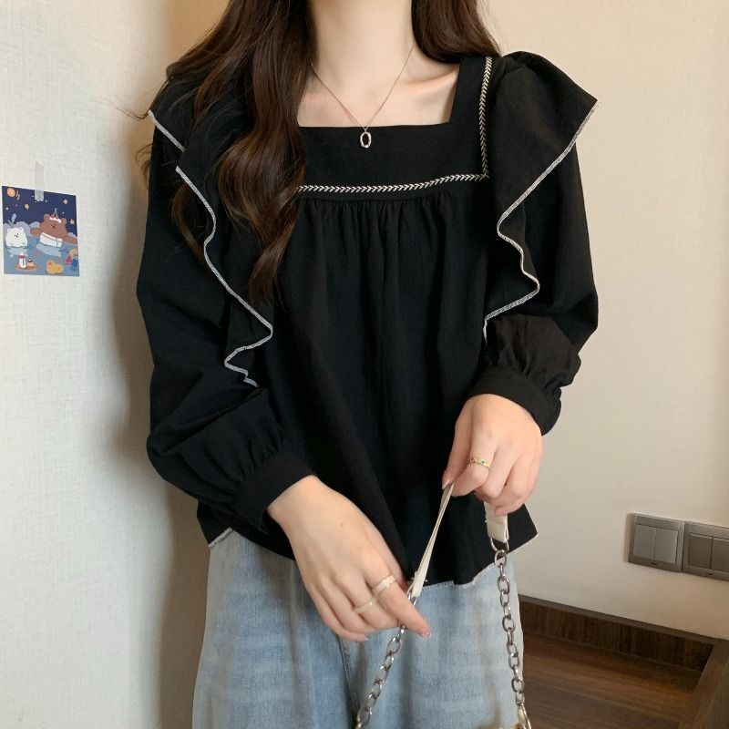 Jiashucheng Áo Tay Phồng Dài Phối Bèo Phong Cách Pháp Cỡ Lớn Thời Trang Mùa Thu Cho Nữ