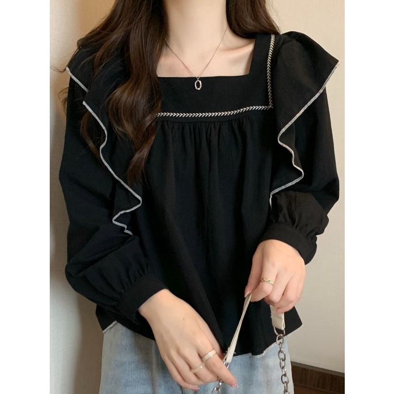 Jiashucheng Áo Tay Phồng Dài Phối Bèo Phong Cách Pháp Cỡ Lớn Thời Trang Mùa Thu Cho Nữ