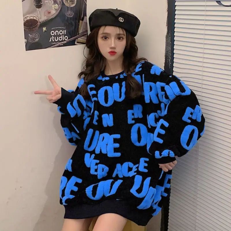 Jiashucheng Áo Sweater Dày Dặn Dáng Rộng In Chữ Thời Trang Thu Đông Cho Nữ