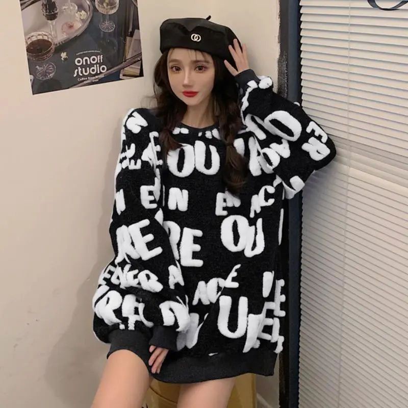 Jiashucheng Áo Sweater Dày Dặn Dáng Rộng In Chữ Thời Trang Thu Đông Cho Nữ
