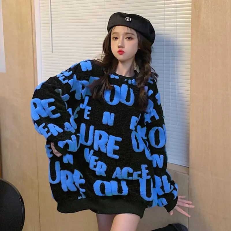 Jiashucheng Áo Sweater Dày Dặn Dáng Rộng In Chữ Thời Trang Thu Đông Cho Nữ