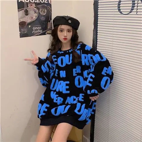 Jiashucheng Áo Sweater Dày Dặn Dáng Rộng In Chữ Thời Trang Thu Đông Cho Nữ