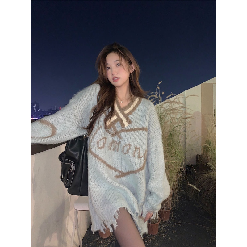 Jiashucheng Áo Sweater Cổ V In Chữ Phối Rách Thời Trang Thu Đông Cho Nữ