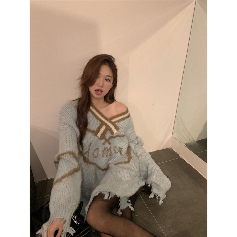 Jiashucheng Áo Sweater Cổ V In Chữ Phối Rách Thời Trang Thu Đông Cho Nữ