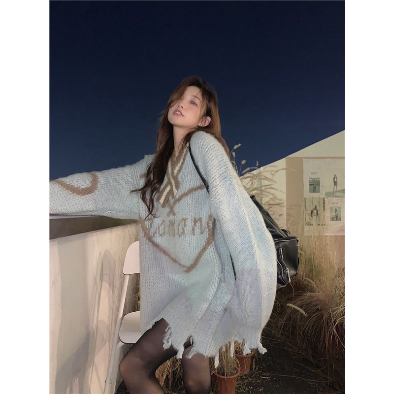 Jiashucheng Áo Sweater Cổ V In Chữ Phối Rách Thời Trang Thu Đông Cho Nữ